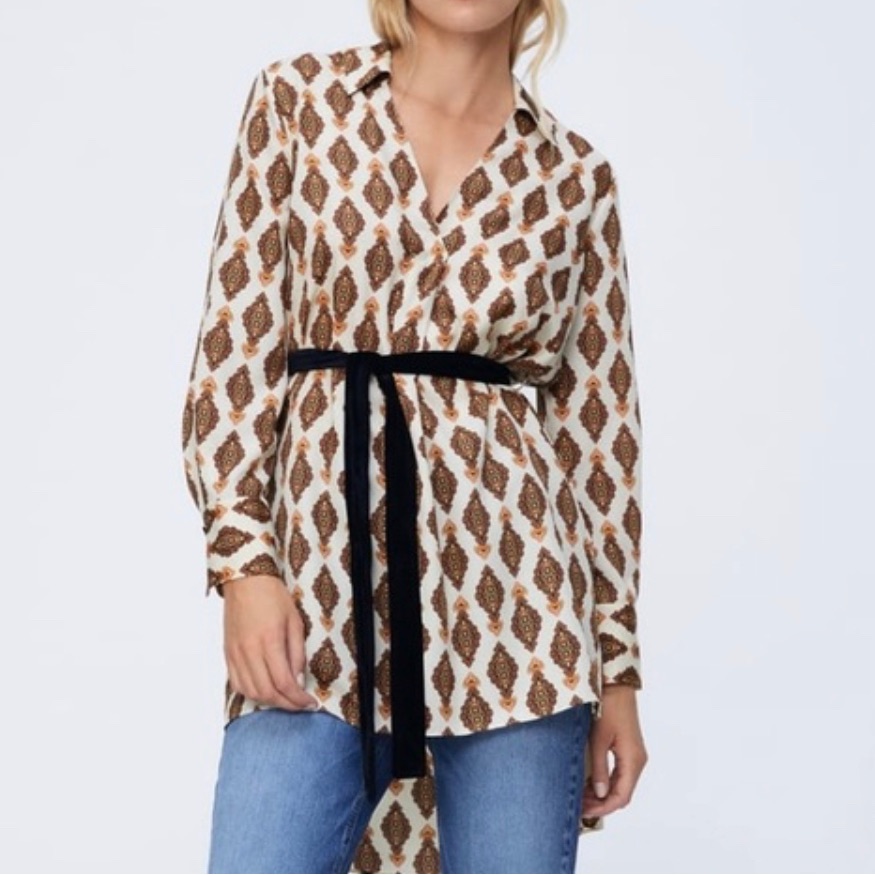 Zara Tunic Brown Cream Print V-Neck Blouse, Xs
